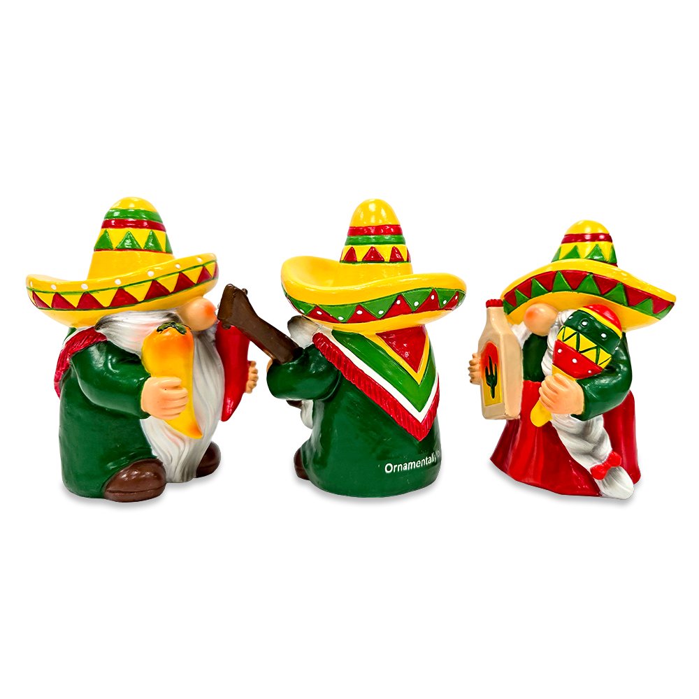 Mexican Gnome Garden Statue Set of 3, 4" Fiesta Dwarf Figurines Outdoor Decor