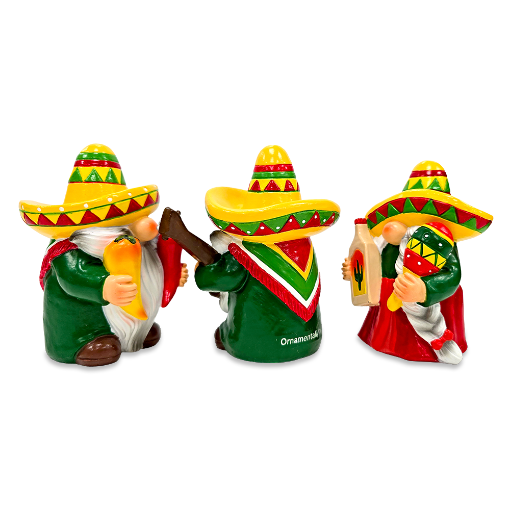 Mexican Gnome Garden Statue Set of 3, 4" Fiesta Dwarf Figurines Outdoor Decor