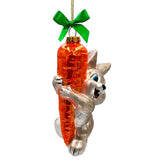Playful Bunny Hanging on Carrot Glass Ornament, Christmas Gift for Kids