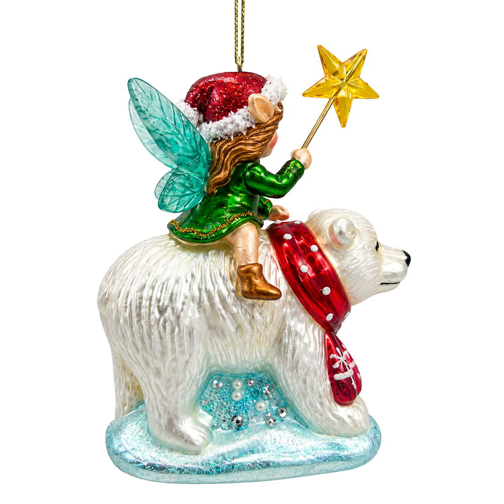 (PRE-ORDER) Polar Bear with Christmas Fairy Glass Ornament, Winter Fantasy Holiday Tree Decor
