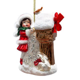 Quaint Little Winter Girl Feeding the Birds Glass Christmas Ornament, Cardinal Birdhouse Tree Decor