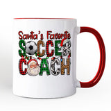 Santa’s Favorite Soccer Coach Personalized Mug, Plaid Christmas Football Gift with Custom Name
