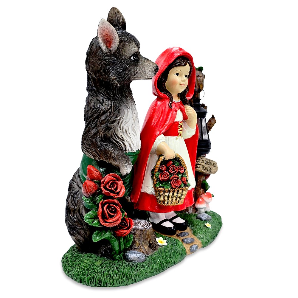 Solar Powered Little Red Riding Hood Garden Statue, 12" Lighted Fairy Tale Figurine Outdoor Decor