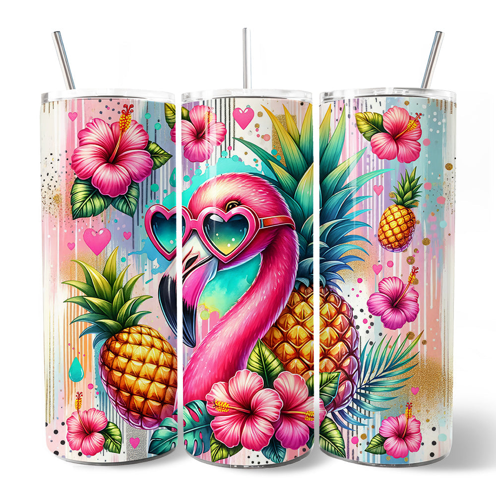Tropical Flamingo Pineapple Hibiscus 20oz Personalized Tumbler With Lid and Stainless Steel Straw, Colorful Summer Bird Gift Cup