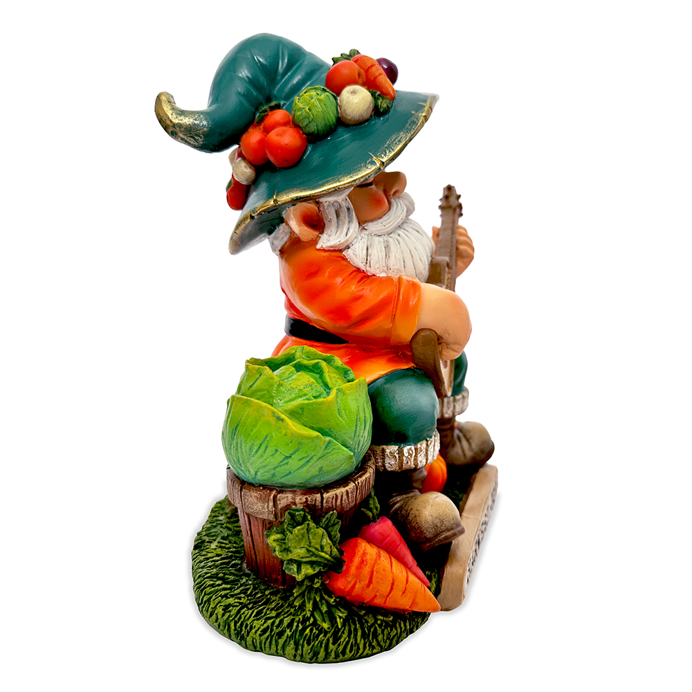 Veggie Farmer Gnome Figurine, 9" Ukulele Playing Vegetable Dwarf Garden Statue
