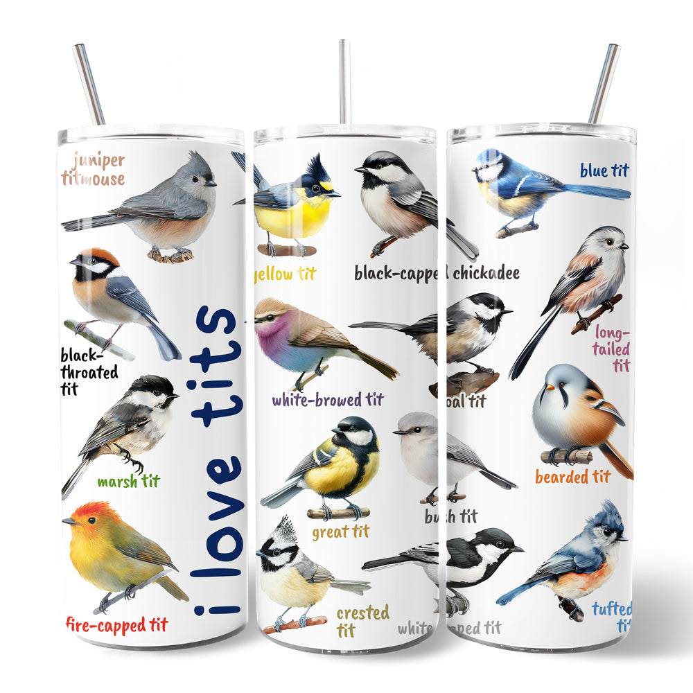 Whimsical Bird Tit 20oz Personalized Tumbler With Lid and Stainless Steel Straw, Funny Birdwatcher Gift Cup