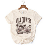 Wild Flowers and Wild Horses T-Shirt, Retro Western White and Natural Tee for Free-Spirited Women
