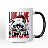 Grumpy Christmas Cat Personalized Mug, Funny Santa Hat Holiday Lights Gift for Sarcastic Festive People with Custom Name