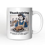 Thanksgiving Family Dysfunction Retro Personalized Mug, Funny Sarcastic Humor Gift with Custom Name