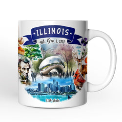 Artistic Illinois State Themes and Landmarks Personalized Mug With Custom Name