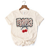 Checkered Cherry Disco Mama T-Shirt, White and Natural Coquette Bow Tee for Trendy Mothers
