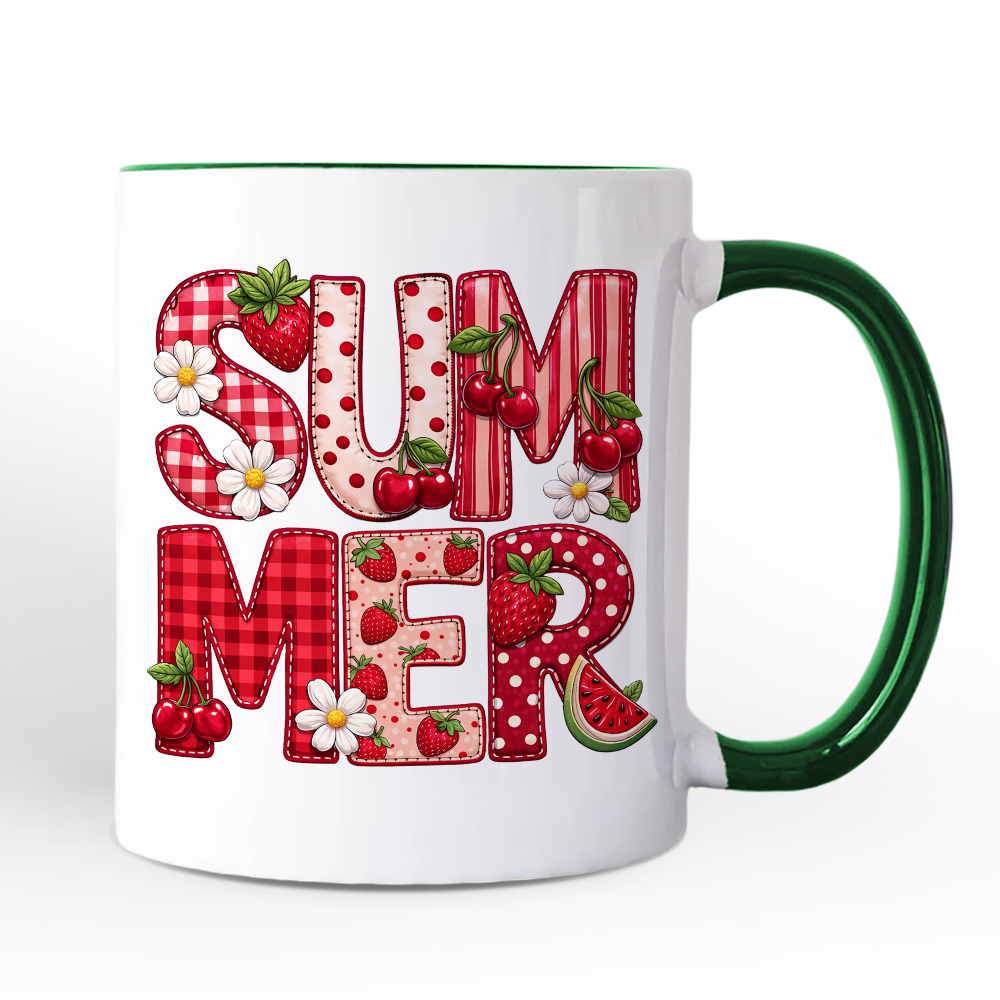 Strawberry Cherry Printed Faux Patchwork Mug, Summer Fruit Picnic Gift