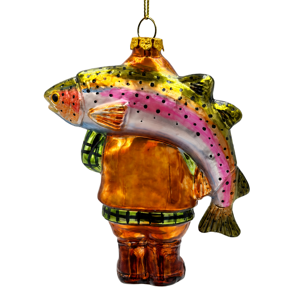 (PRE-ORDER) Fisherman Gnome with Trout Glass Christmas Ornament, Fishing Gift Outdoorsman Holiday Tree Decor