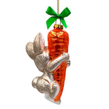 Playful Bunny Hanging on Carrot Glass Ornament, Christmas Gift for Kids