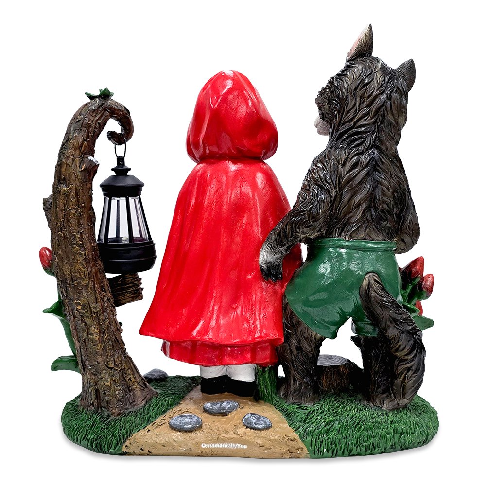 Solar Powered Little Red Riding Hood Garden Statue, 12" Lighted Fairy Tale Figurine Outdoor Decor
