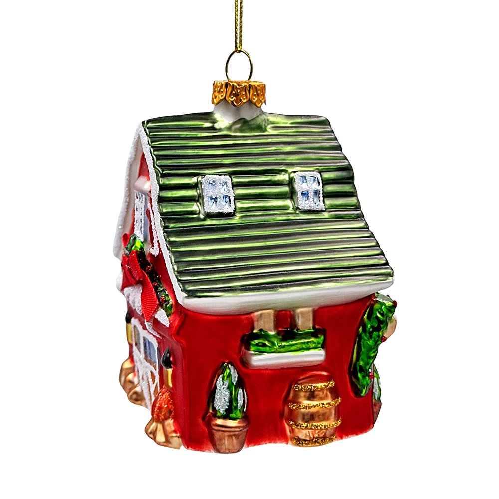 Charming Farmhouse Cabin Glass Christmas Ornament, Winter Rural Home Holiday Tree Decor