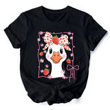 Coquette Goose with Strawberry Bow T-Shirt, Navy, Black and White Cute Tee
