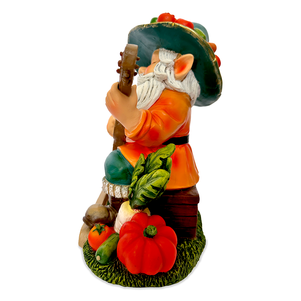 Veggie Farmer Gnome Figurine, 9" Ukulele Playing Vegetable Dwarf Garden Statue