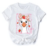 Coquette Goose with Strawberry Bow T-Shirt, Navy, Black and White Cute Tee