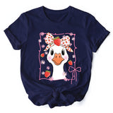 Coquette Goose with Strawberry Bow T-Shirt, Navy, Black and White Cute Tee