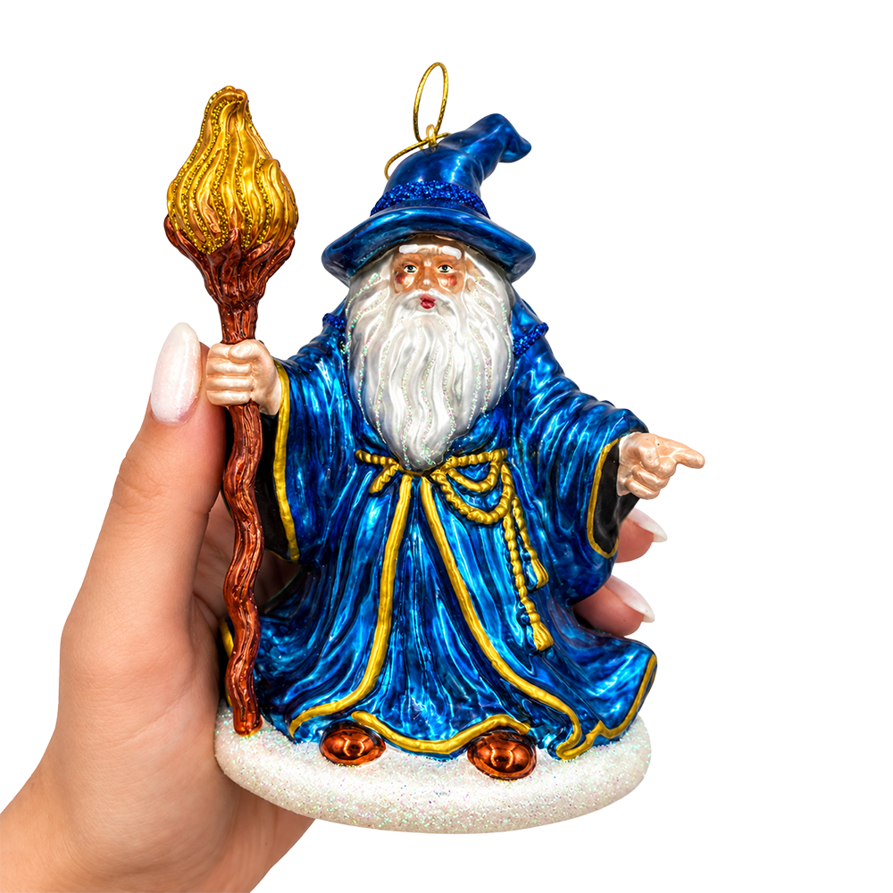 (PRE-ORDER) Blue Wizard with Flaming Staff Glass Christmas Ornament, Fantasy Sorcerer Magic Tree Decor