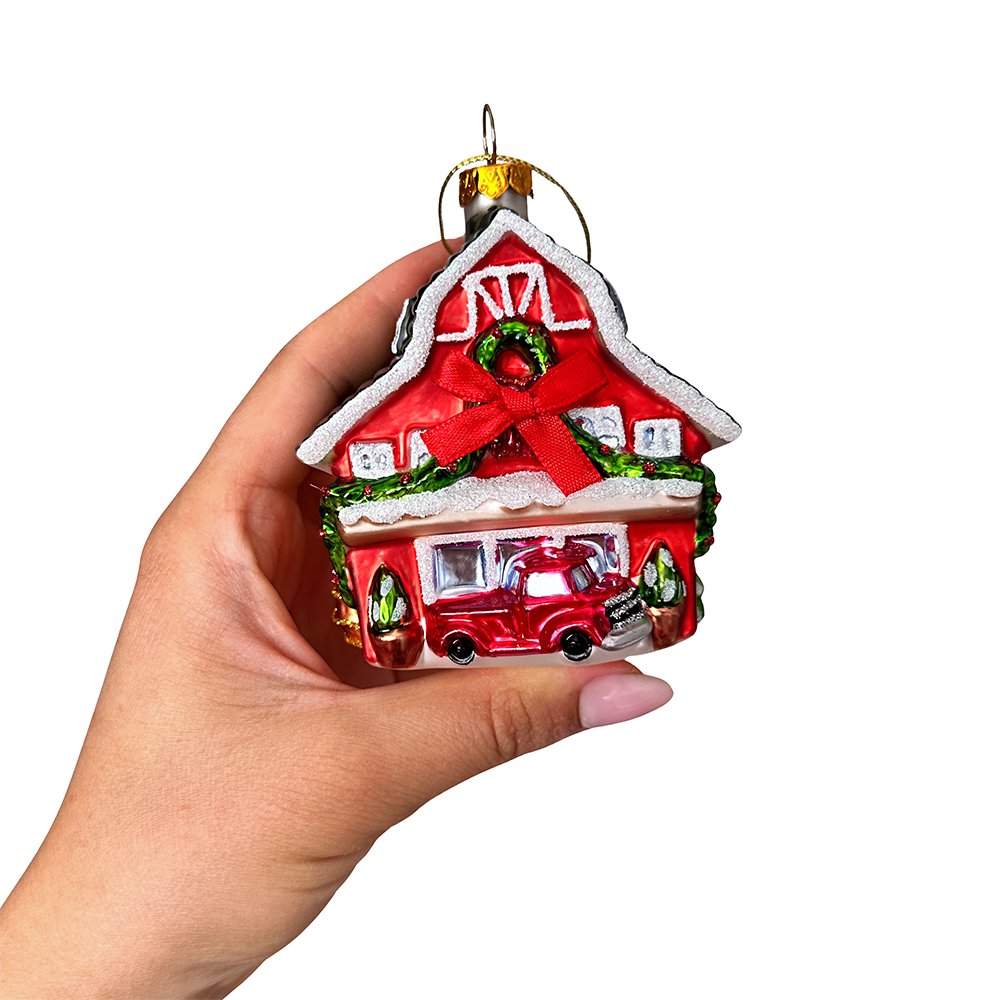 Charming Farmhouse Cabin Glass Christmas Ornament, Winter Rural Home Holiday Tree Decor