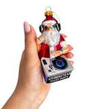 DJ Santa Spinning Christmas Party Glass Ornament, Headphones and Music Star Hipster Tree Decor
