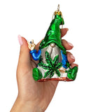 Fun Weed Themed Gnome Glass Ornament, Pothead Smoker Unique Holiday Gift