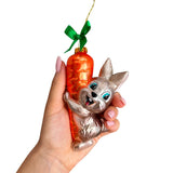 Playful Bunny Hanging on Carrot Glass Ornament, Christmas Gift for Kids