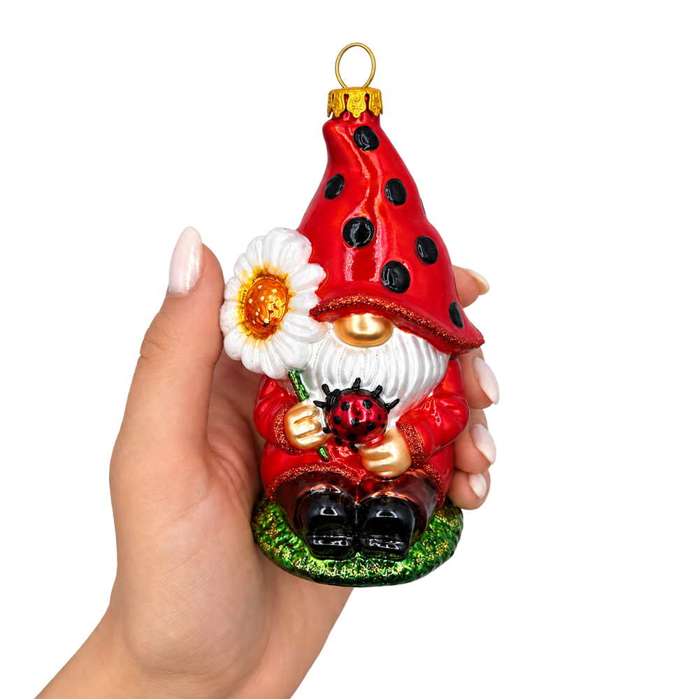 (PRE-ORDER) Whimsical Ladybug Gnome with Daisy Glass Christmas Ornament, Garden Gnome Holiday Tree Decor