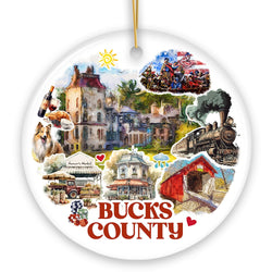 Artistic Bucks County Pennsylvania Vintage Ornament with Historical Scenery and Art, Ceramic Christmas Souvenir, New Hope and George Washington Crossing the Delaware