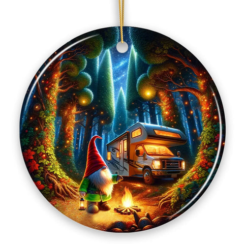 Enchanted Camper Gnome Forest Haven Ornament, Magical Twilight Christmas Ornament