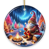 Majestic Winter World Gnome Camper Ceramic Christmas Ornament, Luminescent Forest and Starry Night
