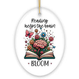 Reading Helps the Brain Bloom Unique Handcrafted Ornament, Booklover Gift with Flowers and Butterflies Art