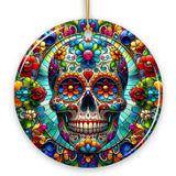Sugar Skull Stained Glass Themed Ceramic Ornament, Day of the Dead Mexican Christmas Gift
