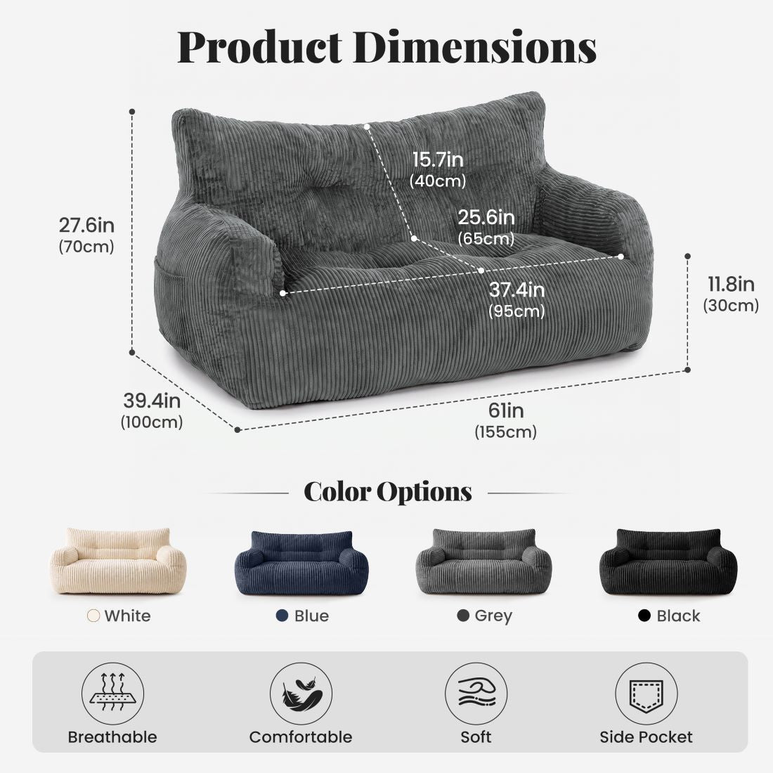 Pamapic 2-Person Bean Bag Sofa, 59"-61" Loveseat for Small Spaces, Dorms & Apartments