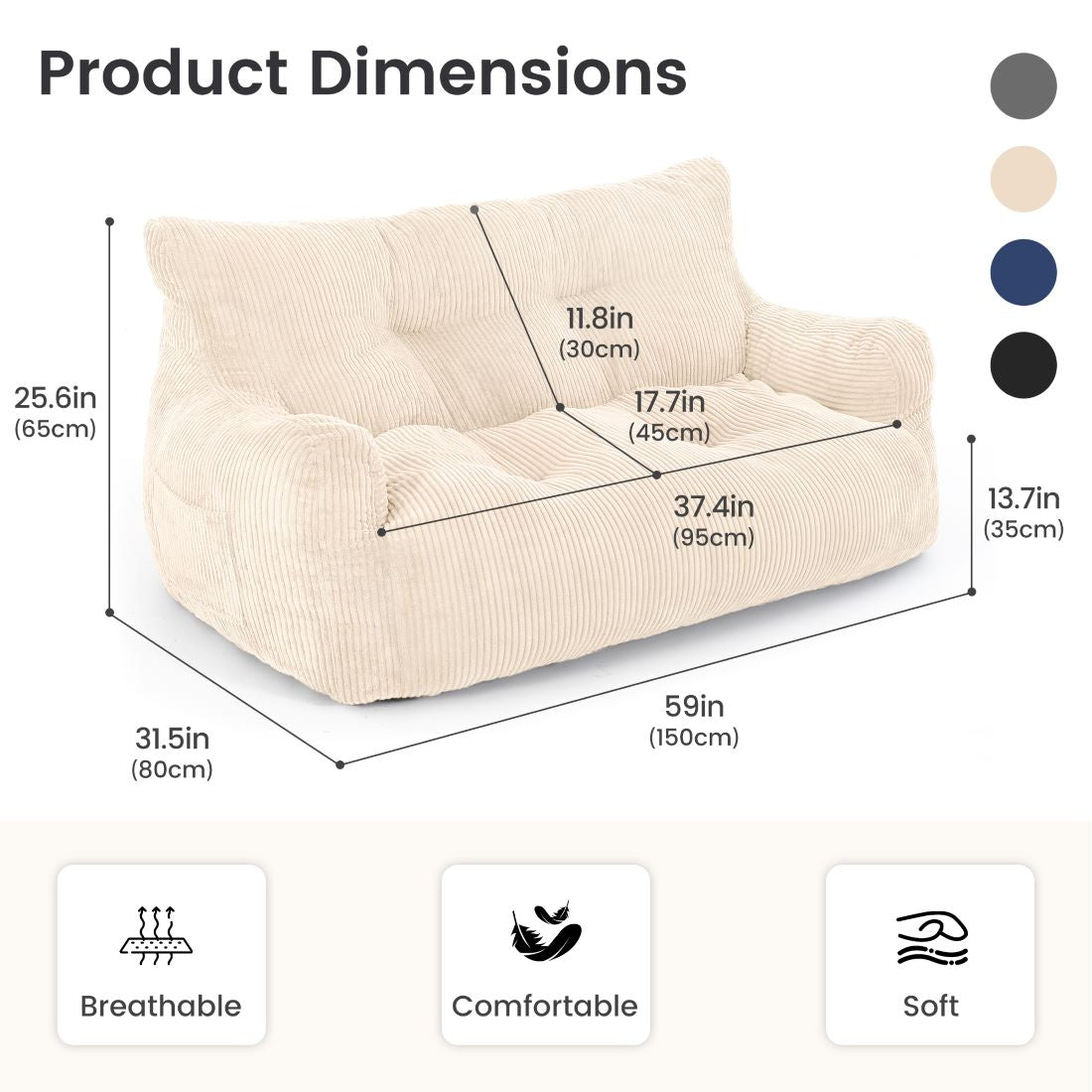 Pamapic 2-Person Bean Bag Sofa, 59"-61" Loveseat for Small Spaces, Dorms & Apartments