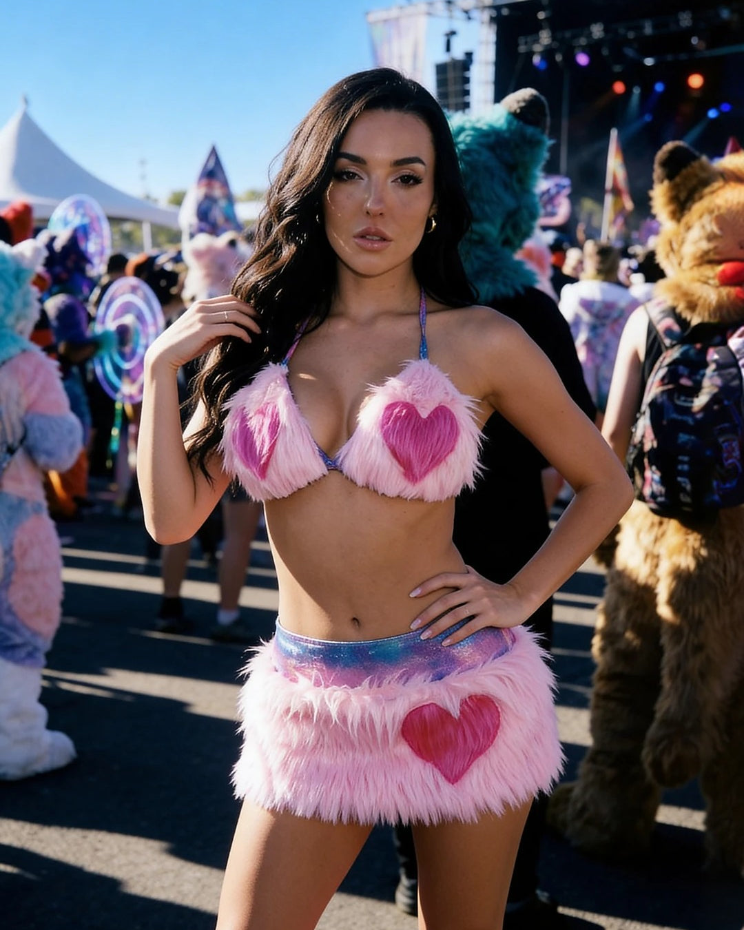 Faux Fur Heart Halter Top & Mini Skirt Rave Set