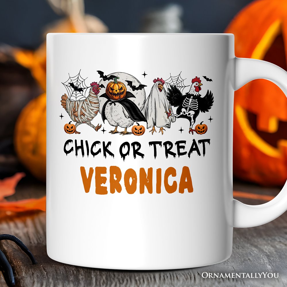 Chick or Treat Spooky Personalized Mug, Halloween Chicken Country Gift with Custom Name