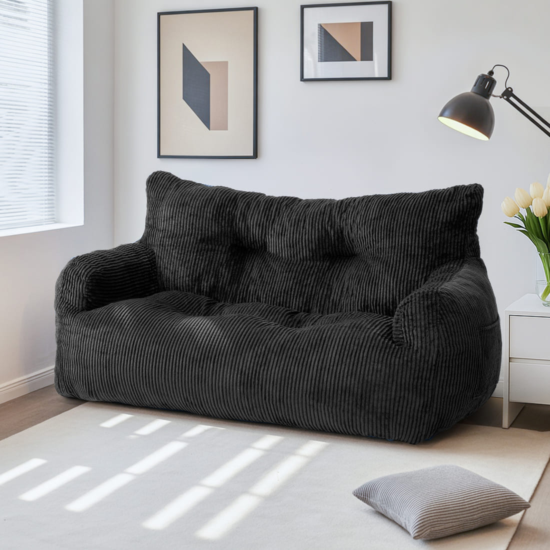 2-Person Bean Bag Sofa Chair, 63" Wide Corduroy with Memory Foam