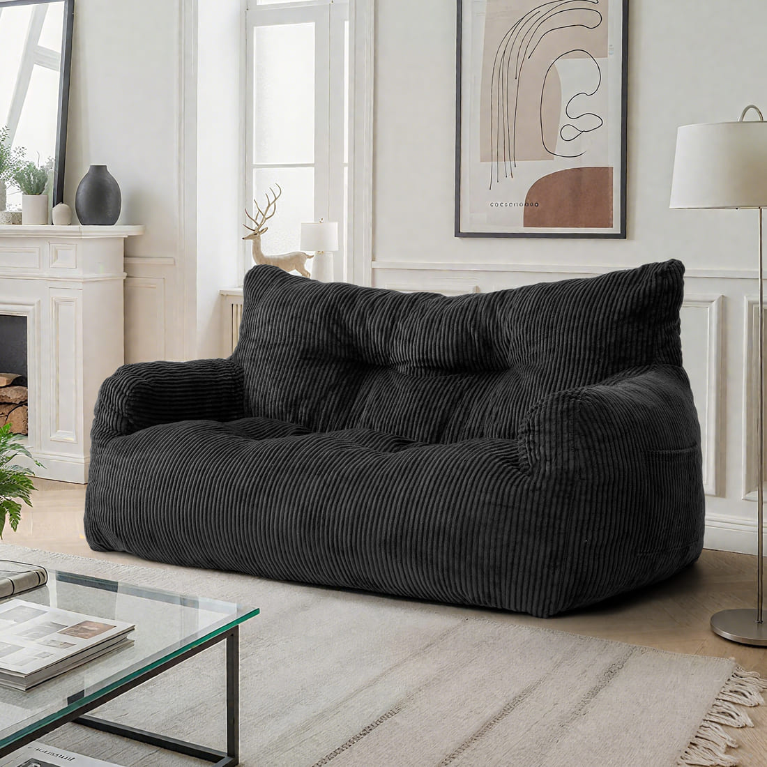 2-Person Bean Bag Sofa Chair, 63" Wide Corduroy with Memory Foam
