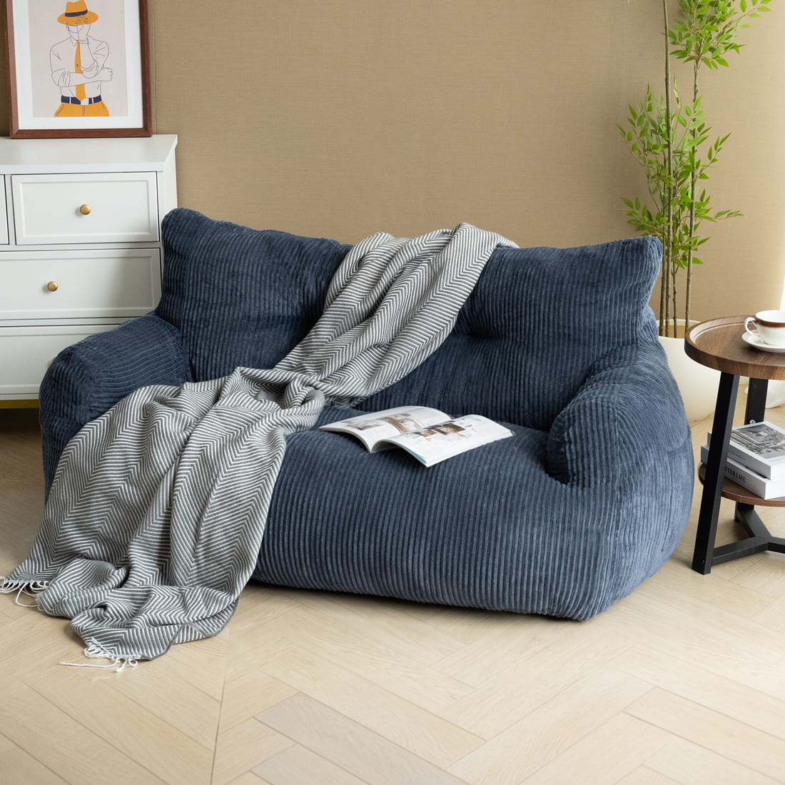 2-Person Bean Bag Sofa Chair, 63" Wide Corduroy with Memory Foam