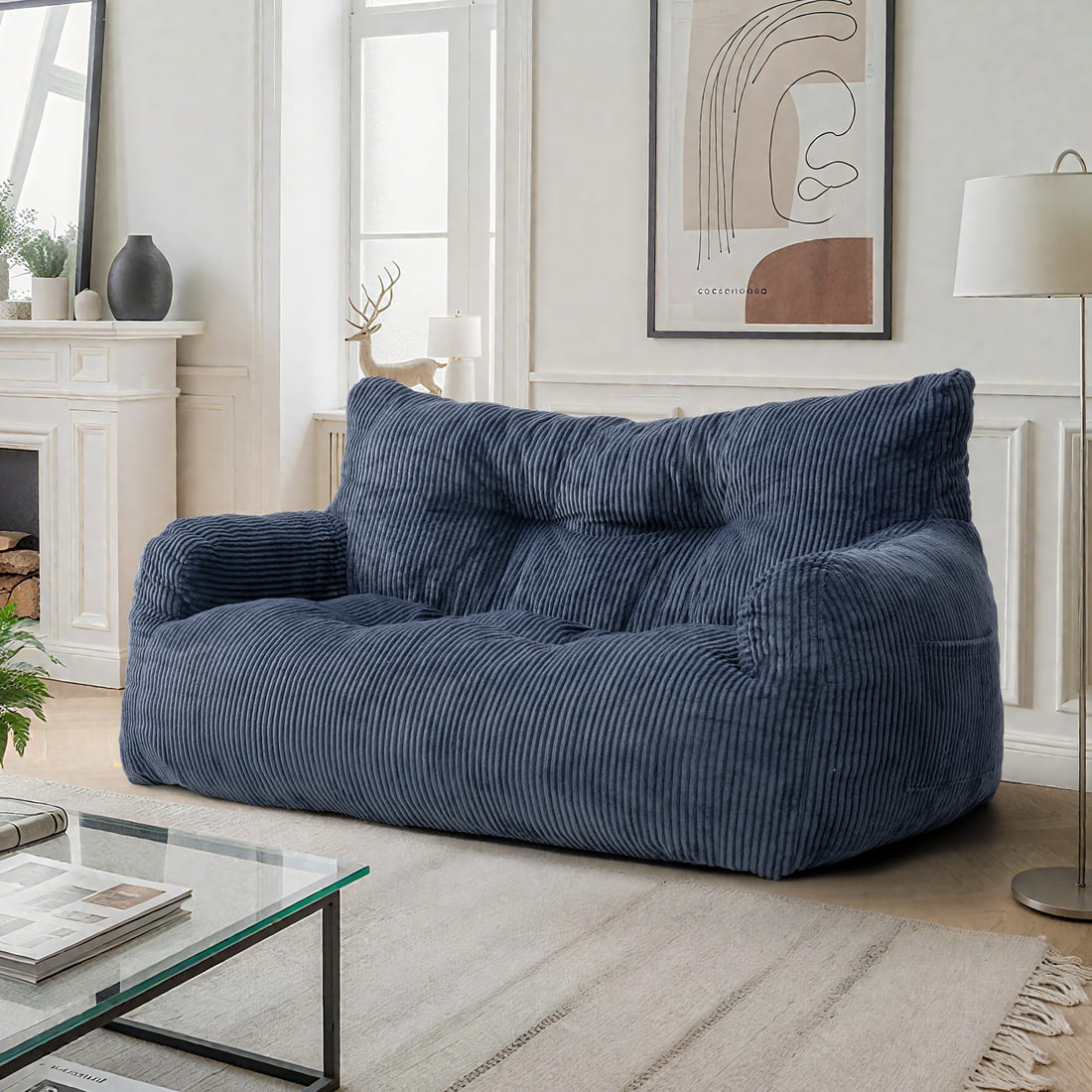 2-Person Bean Bag Sofa Chair, 63" Wide Corduroy with Memory Foam