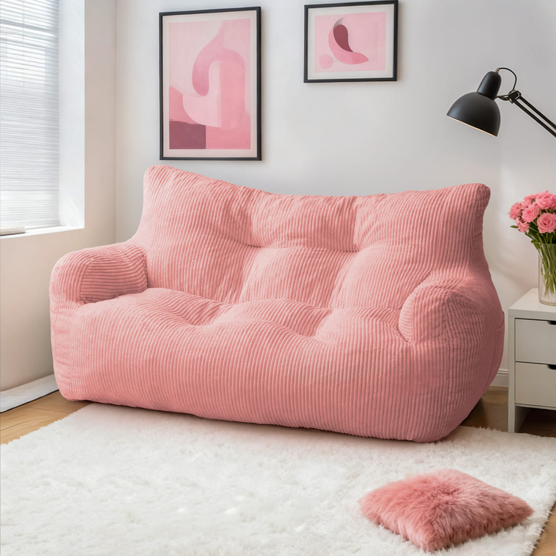 2-Person Bean Bag Sofa Chair, 63" Wide Corduroy with Memory Foam