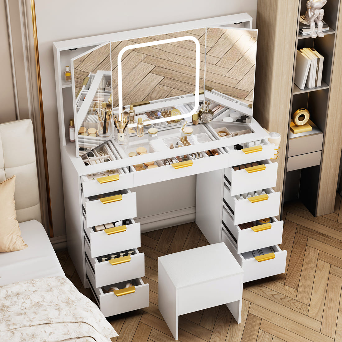 11-Drawer Vanity Desk with Glass Top，3 Styles to Choose