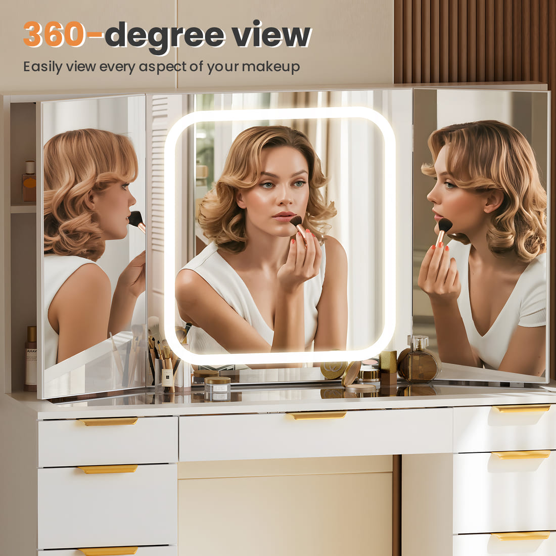 11-Drawer Vanity Desk with Glass Top，3 Styles to Choose