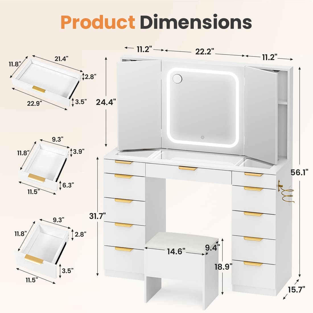 11-Drawer Vanity Desk with Glass Top，3 Styles to Choose