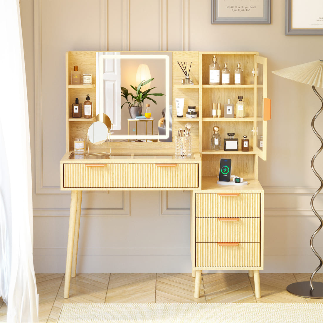 Fluted Glass-Top Makeup Vanity Desk with Glass Cabinet