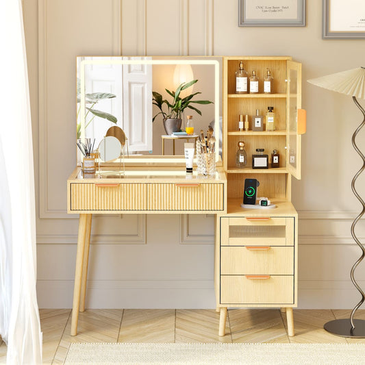 Fluted Glass-Top Makeup Vanity Desk with Glass Cabinet