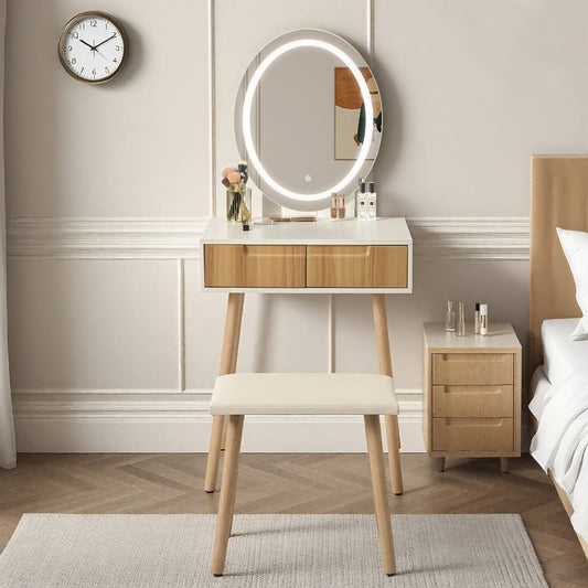 Small Makeup Vanity Table with Round LED Mirror and Stool